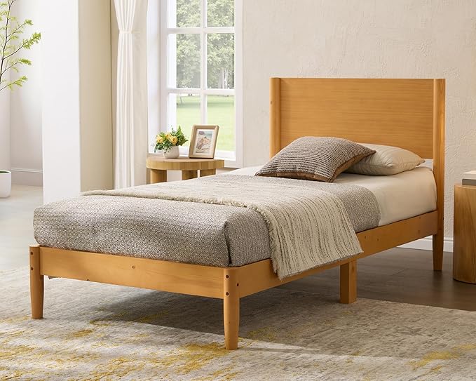 AMERLIFE Solid Wood Twin Bed Frame Mid Century Modern Platform Bed with Full Panel Headboard Noise-Free &amp Cylindrical Legs No Box Spring Needed Under-Bed Storage Natural Wood