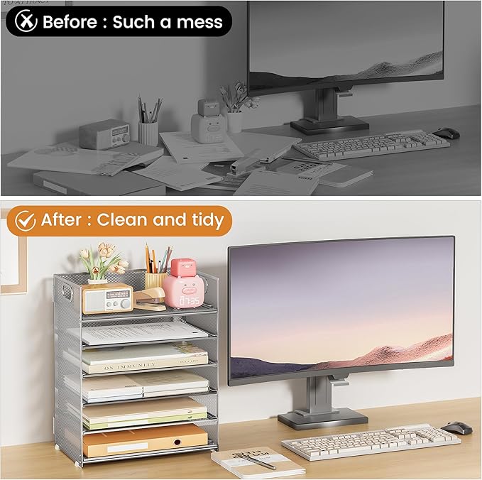 Subekyu 6-Tier Desk Paper Organizer Desktop File Letter Tray with Handle Document Sorter and Accessories Holder for Office Home and School Workspace Organizers Silver - 2 Pack