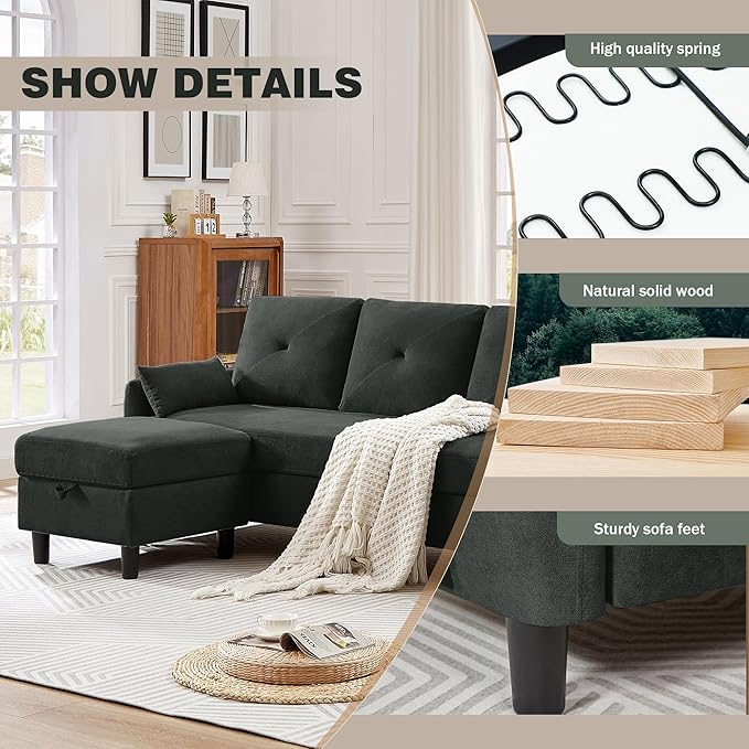 77 Convertible Sectional Couches 3 Seat L Shaped Couch Sofa with Storage Chaise &amp Removable Pillows Linen Fabric Small Couch Mid Century for Living Room Apartment and Office Black