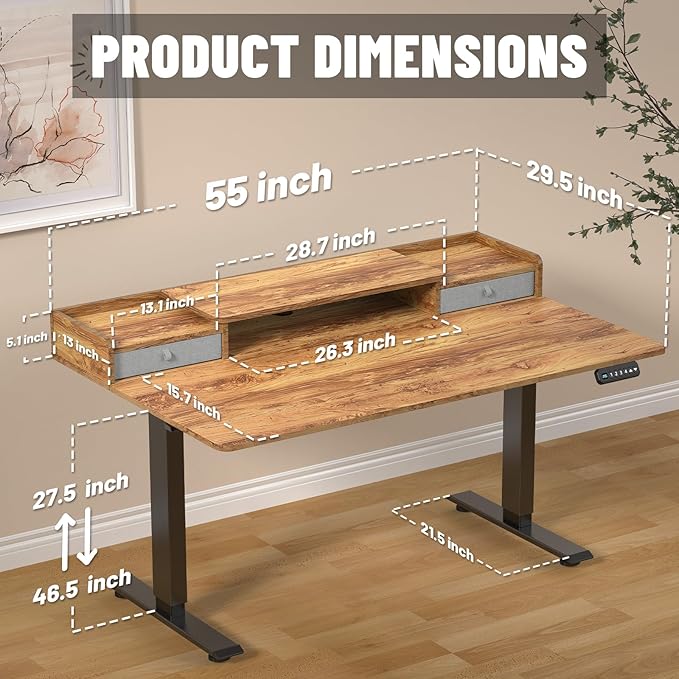 55 x 30 Inch Electric Standing Desk with 2 Drawers Adjustable Height Widened Stand Up Desk with Storage Sit to Stand Ergonomic Workstation for Home Office Light Rustic