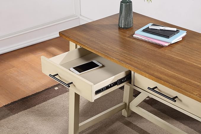 OSP Home Furnishings Milford Rustic 42 Inch Writing Desk with 2 Drawers and Burnished Decorative Hardware Antique White