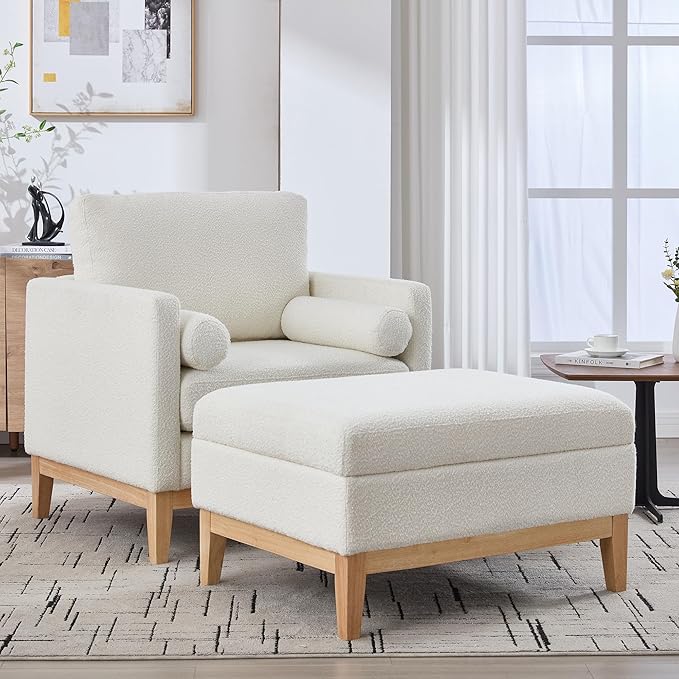 Wood Base Accent Arm Chair with Ottoman and Bolster PillowsStorage Footstool with Reversible Lid Coffee Table for Living Room Office (35.4 W Ivory Boucle Chair Set +Natural Base)