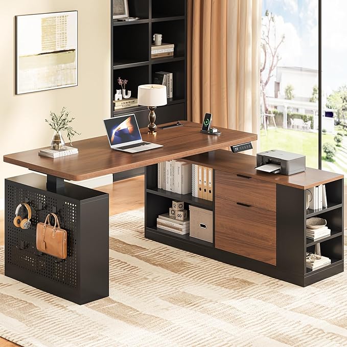 L Shaped Standing Desk Adjustable Height 53 Electric Office Desk with File Drawers &amp Storage Shelves Sit Stand Corner Computer Desk with Power Outlets Pegboard 6 Hooks Black &amp Walnut
