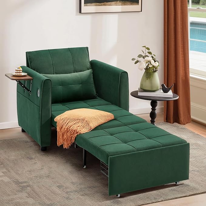 Convertible Sleeper Chair 4 in 1 Pull Out Chair Bed for Adults with Wing Table USB Charging &amp Bottom Storage Space-Saving 90 Single Sofa Bed Chairs for Living Room Dark Gray