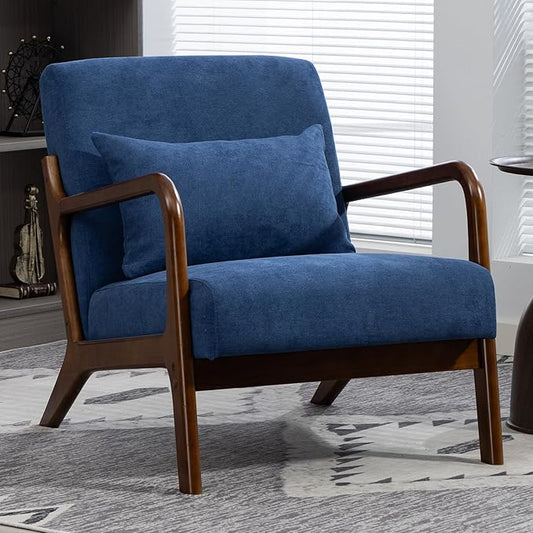 Minimalist Accent Chair Velvet Upholstered Mid-Century Modern Chair with Pillow Lounge Arm Chair with High Backrest Comfy Reading Chair for Living Room Balcony (Blue)