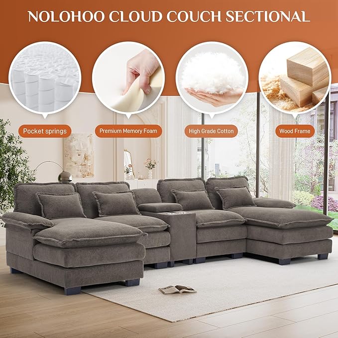 124 U Shaped Cloud Couch Sectional Sofa Fluffy Modular Couches for Living Room Oversized Modern Plush Chenille Sectional Couch Set Cloud Sofa with Central Console USB Ports Cup Holder Stone Grey