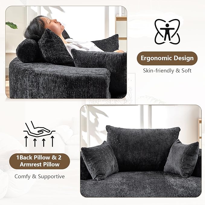55''W Oversized Round Chair with PillowsComfy Chenille Single ChairOversized Accent Chair with Deep Seat Modern Large Reading Chairs for Living Room &amp Bedroom (Black)