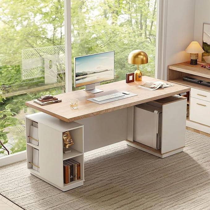 71 Standing Executive Desk with Privacy Panel Large One-Piece Electric Height Adjustable Stand Up Desk with Charging Station File Cabinet Storage Home and Office Light Walnut