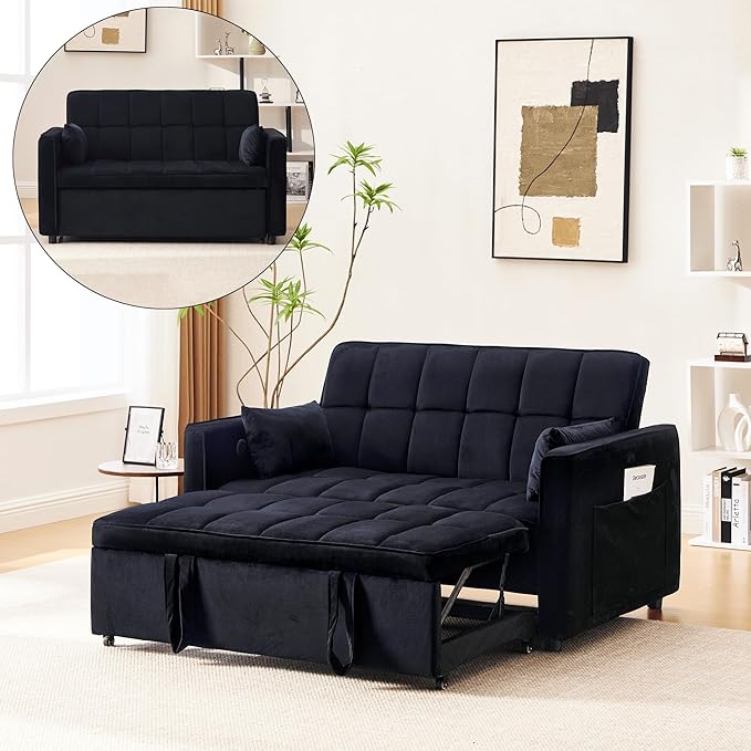 Velvet 3-in-1 Convertible Sleeper Sofa Bed - USB Charging Port Adjustable Backrest Pull-Out Futon Loveseat for Small Space Apartment Versatile Sectional Couch for Living Room (Black)