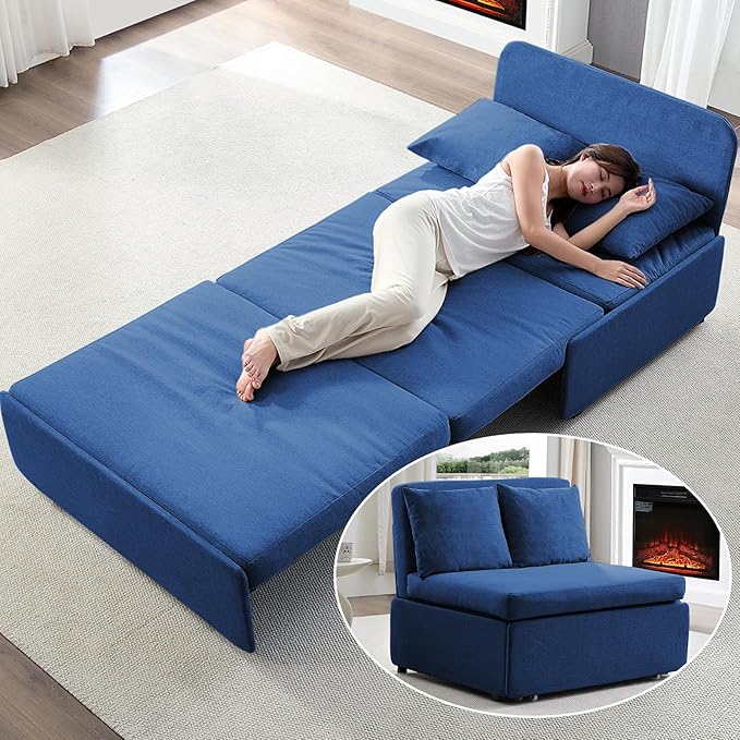 Mjkone 43 Width Twin Size Sleeper Sofa Bed 2-in-1 Modern Convertible Linen Sofa Sleeper Pull Out Couch Bed with Cushions &amp Throw Pillows for Living Room Home Office Small Place Blue