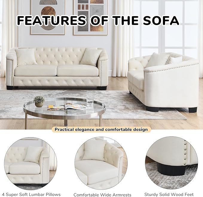 2 Piece Modern Chesterfield Velvet 77 3-Seater + 59 Loveseat Sofa Set Upholstered Tufted Backrests with 8 Nailhead Arms and 4 Cushions for Living Room (Beige 77 3-Seater + 59 Loveseat Sofa Set)