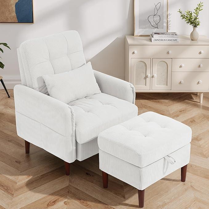 Lumibee Accent Chair with Storage Ottoman Upholstered Comfy Reading Chair with Adjustable Reclining Backrest Corduroy Fabric Lounge Chair Armchair for Living Room Bedroom White