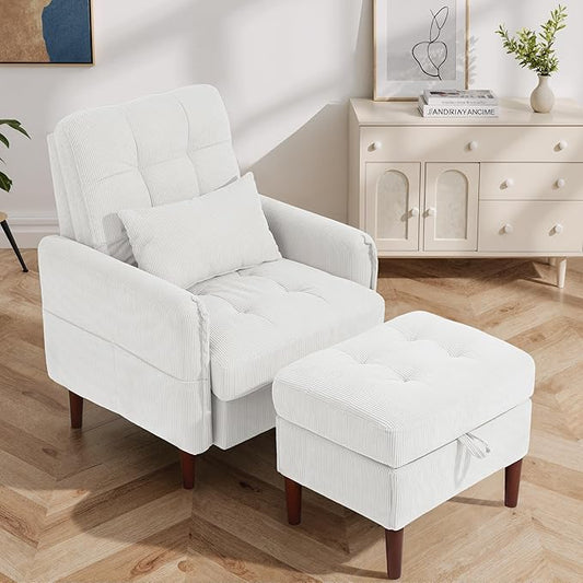 Lumibee Accent Chair with Storage Ottoman Upholstered Comfy Reading Chair with Adjustable Reclining Backrest Corduroy Fabric Lounge Chair Armchair for Living Room Bedroom White