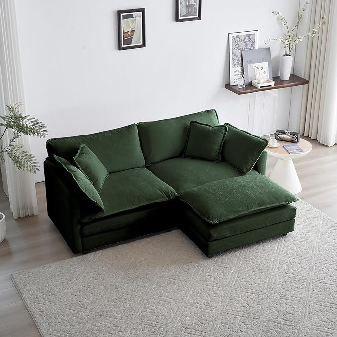 Deep Seat Cloud Loveseat Sofa Sectional Couch with Movable Ottoman 2 Seater Oversized L Shaped Corner Sofa Couches Comfy Chenille Love Seat for Living Room Bedroom Apartment Office