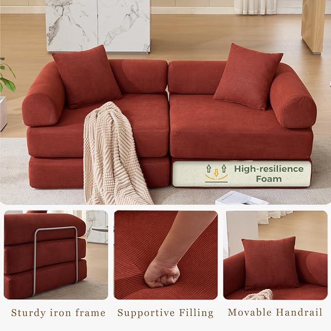 73 Convertible Modular Folding Sofa Bed 5-in-1 DIY Combination Fold Out Sleeper Sofa Bed Loveseat sleeper Couch with Removable Armrests Corduroy Floor Couch Small couches for small spaces Red