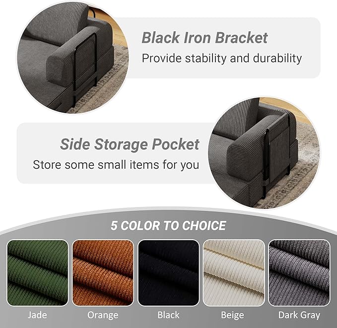 Convertible Sleeper Sofa Bed 3-Seat Corduroy Futon Couch with Cylindrical Pillow Foldable Mattress for Living Room &amp Bedroom 79 Inch Multi-Functional Sofa (Dark Gray)