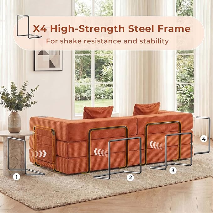 WELAX 72.8 Convertible Sleeper Sofa Bed Boneless Cloud Queen Futon Couches with Cupholders &amp Storage Pockets Corduroy Folding Floor Couch for Bedroom Apartment No Assembly Orange