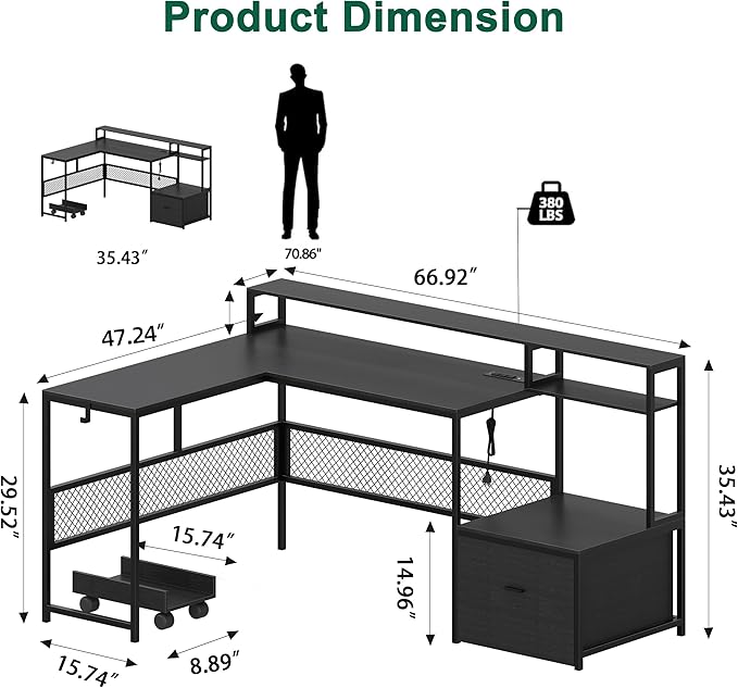 L Shaped Desk with Drawers 66 Home Office Desk with Power Outlet and Led Strip Reversible Computer Desk with Storage Shelves &amp Monitor Stand Large Corner Desk Gaming Desk Black