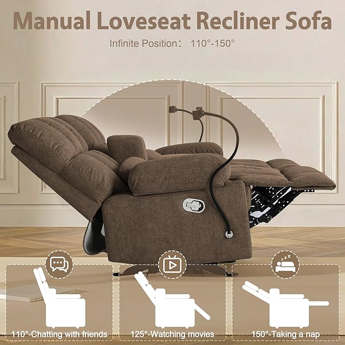 Recliner Loveseat Sofa with Rocker FunctionCat-Proof Rocking Reclining Loveseat with Phone Holder/USB/Type C RV Double Rocker Reclining Couch for Home TheaterLiving Room (Brown) | Rocker Function