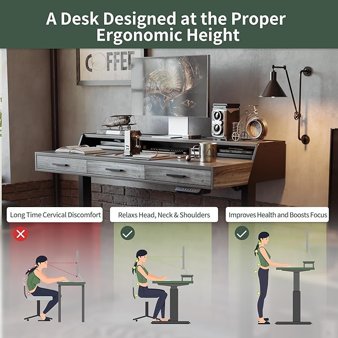 CubiCubi Standing Desk 55x26 Inches with 3 Wood Drawers and Monitor Shelf Ergonomic Rising Home Office Desks Height Adjustable Computer Desk Sit Stand Up Electric Workstation Table Rustic Grey