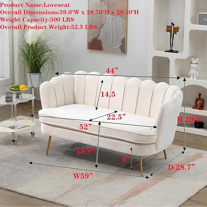 Modern Chenille Loveseat CouchFuton Small Sofa with Gold Metal Legs 2-Seater Upholstered Mini Sofa Couches for Small SpaceLiving Room Bedroom Office Dorm Studio Apartment Love Seat Couche(Ivory)