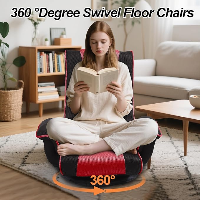 Swivel Floor Chairs for Adults Floor Gaming Chair with Extra Wide Arms Back Support 14 Angles Adjustable Comfortable Double Mesh Fabric Lazy Sofa for Video Game Chairs 201 (Black+red)