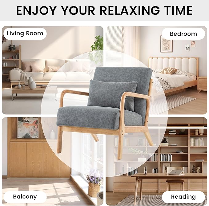 Mid Century Modern Accent Chair Set of 2 Upholstered Chair for Living Room Accent Chair with Lumbar Pillow Solid Wood Frame Reading Chair Armchair for Bedroom Small Spaces Darkgrey