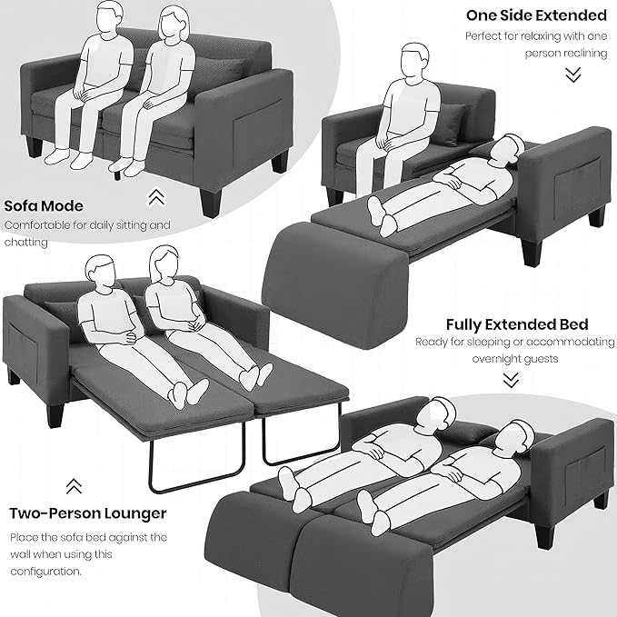 6 in 1 Multifunctional Sofa Bed 58 Convertible Pull Out Couch Loveseat Sleeper w/Removable Backrest Foldable Mat Storage Pockets &amp 2 Pillows Modern Folding Linen Sofas for Small Spaces Gray