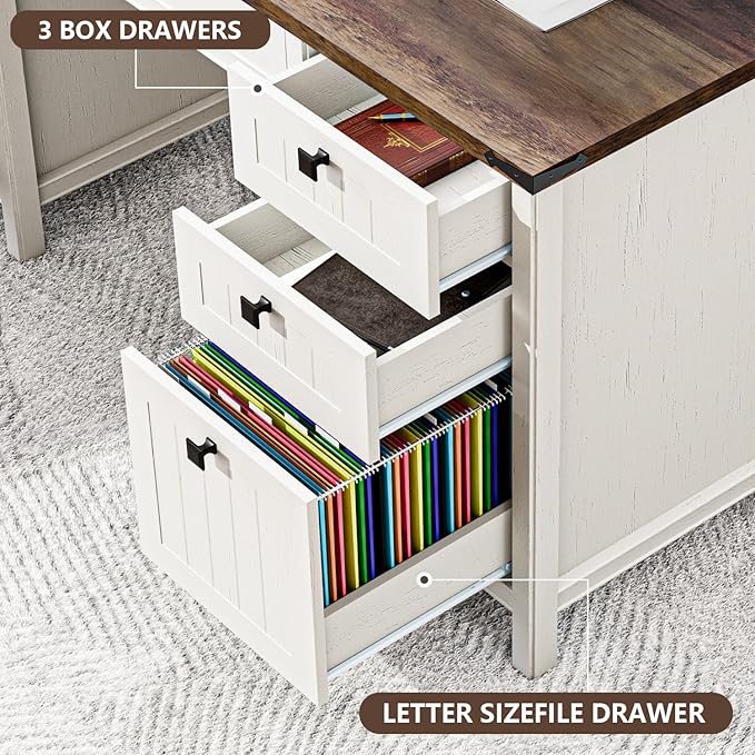 Farmhouse Executive Desk 45 inch Computer Desk with 4 Drawers Smart Charging Station Home Office &amp Study Room Essential for Remote Workers Professionals &amp Students.Antique White