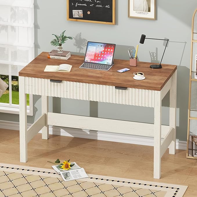 Fluted Computer Desk with 2 Drawers 39 Inch Small Computer Desk with Storage Compact Writing Study Vanity Desk for Small Spaces Antique White