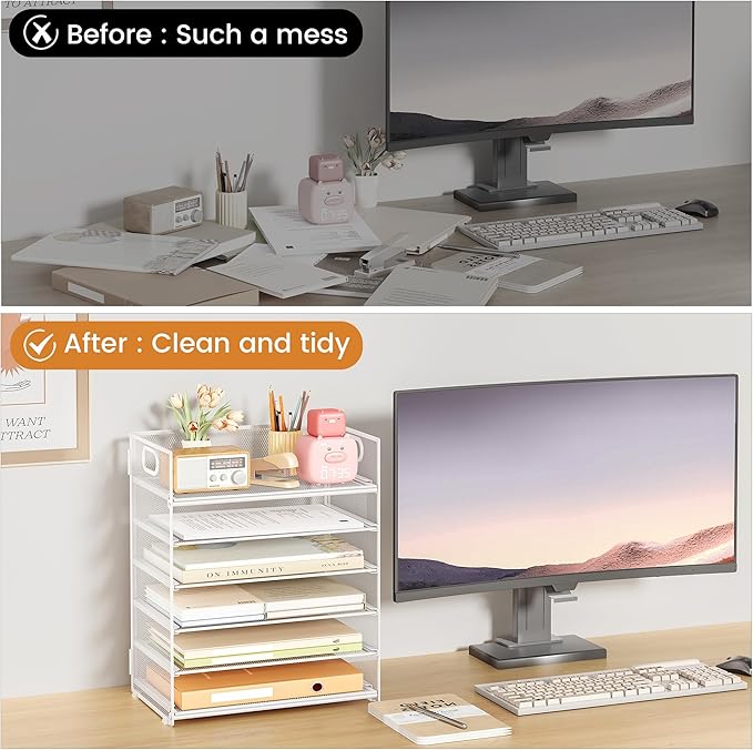 Subekyu 6-Tier Desk Paper Organizer Desktop File Letter Tray with Handle Document Sorter and Accessories Holder for Office Home and School Workspace Organizers White - 2 Pack