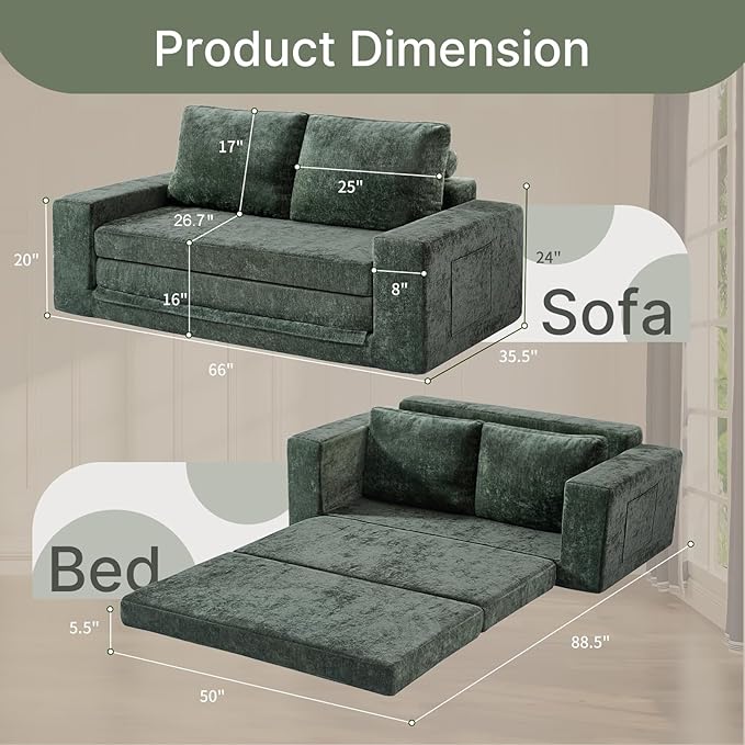Convertible Sofa Bed Pull Out Loveseat Sleeper Couch with Pillows 2 in 1 Foldable Couch Bed with detachable mattress Modern Chenille Floor Futon Sofa with Pillows for Living Room Bedroom (Green)