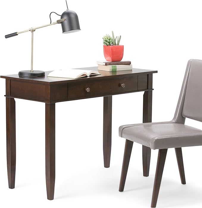 SIMPLIHOME Carlton Desk - 42 Inch Wide Solid Wood Writing Desk in Dark Tobacco Brown Transitional Home Office Computer Table for Study or Compact Space with Flip-Down Keyboard Tray