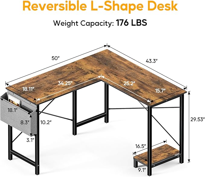 50-Inch Rustic L-Shaped Wooden Tabletop Home Office Desk with Reversible Corner and Metal Frame Including Main Stand and Side Pocket for Gaming Working and Studying