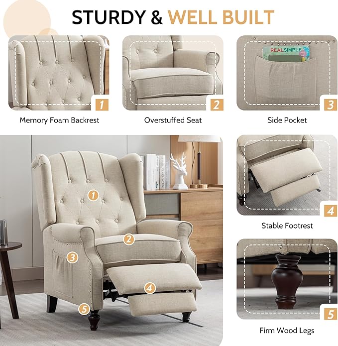 BINGTOO Push Back Recliner Chair with Massage and Heat Mid Century Tufted Fabric Wingback Chair with Rivet Decoration for Living Room Bedroom Beige 2 Chairs