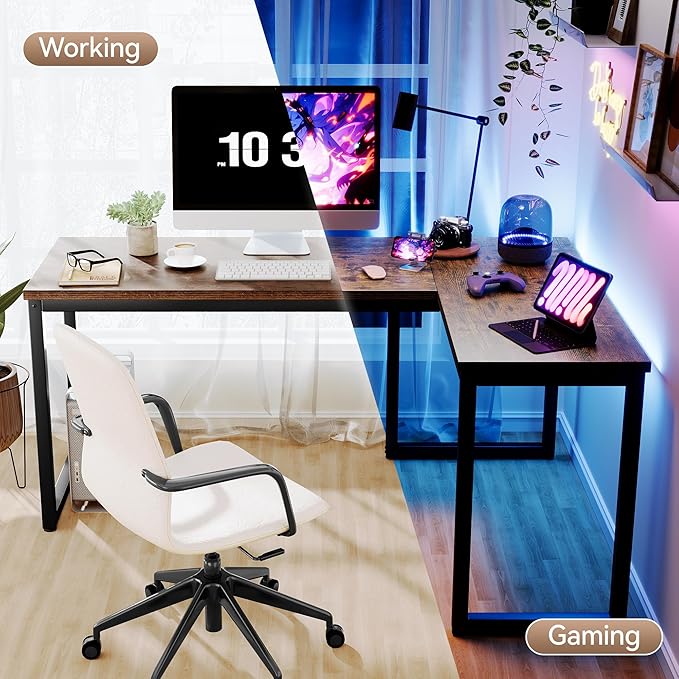 66 Inch L Shaped Computer Desk 1.2 Inch Extra-Thick Desktop Corner Office Desk with Robust Metal Tubes Gaming Writing Work Desk for Home Office Rustic Brown and Black