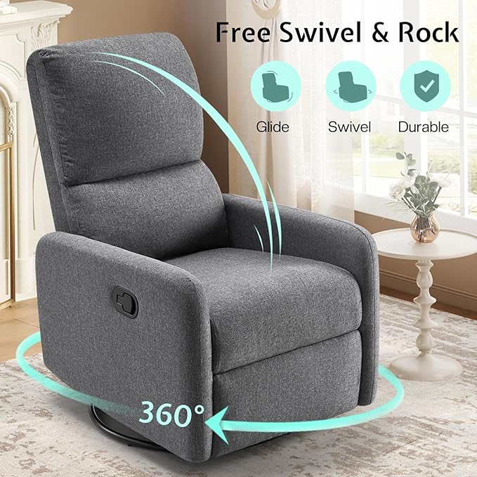 Jocisland Swivel Rocking Chair Nursery Glider Recliner Chairs for Adults Rocker for Living Room Bedroom Comfy Upholstered Modern Nursing Reclining Single Sofa Grey Linen (No Side Pockets)
