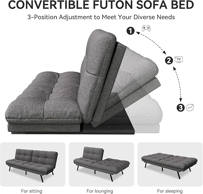 Vipbear 71 Convertible Futon Sofa BedLinen Fabric Futon Couch with Detachable CushionAdjustable Backrest &amp ArmrestModern Loveseat Sleeper Recliner for Living RoomOfficeApartmentGrey