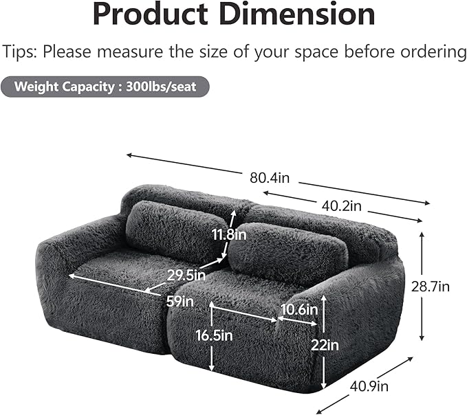 80.4-Inch Boneless Love Seat Couches in a Box Modern 2 Seat Floor Modular Foam Cloud Sofa Faux Fur Loveseat Couch W/Angle Armrests for Home Apartments Bedroom