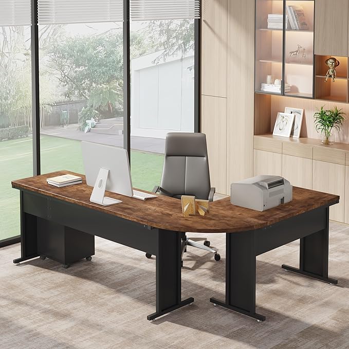 Tribesigns 83 L-Shaped Executive Desk Reversible Modern Office Desk with Drawers &amp Rolling File Cabinet Large Corner Computer Desk Business Workstation for Home Office (Brown)