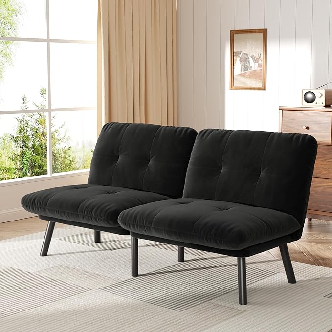 Futon Sofa Sleeper Couch Bed with Adjustable Backrest Thick Cushion Velvet Fabric for Department Living Room Lounge Sofa Loveseat (Black)