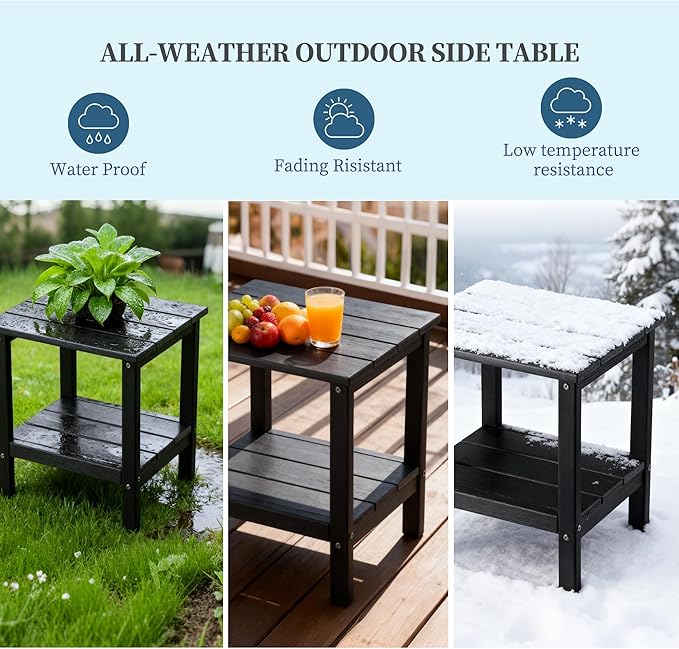 Outdoor Side TableDouble Layer Small Side TablesAll Weather Adirondack Side Table Waterproof Outdoor End Tables for PatioPoolPorch (Black)