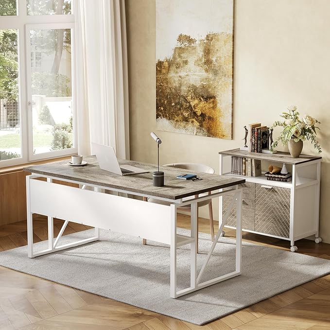 LITTLE TREE 63-Inch Office Desk with 31.5-Inch Lateral File Cabinet Study Writing Desk Computer Desk for Home Office