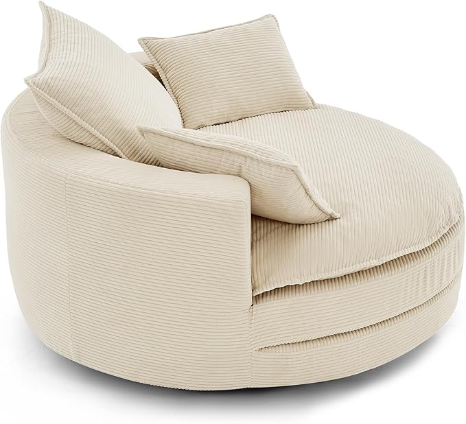 360° Swivel Sofa Chair with Dual-Layer Cushion Design 57.5 Swivel Round Accent Barrel Chair with 3 Removable Pillows for Living Room Office and Hotel (Beige//261)