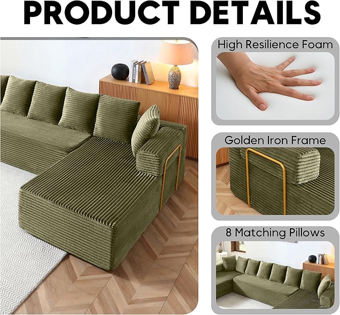 Oversized Cloud Boneless Couch with Chaise 145 Modern U Shape Modular Deep Seat Sectional Sofa Comfy Corduroy Upholstered Couches for Living Room No Assembly Required Green
