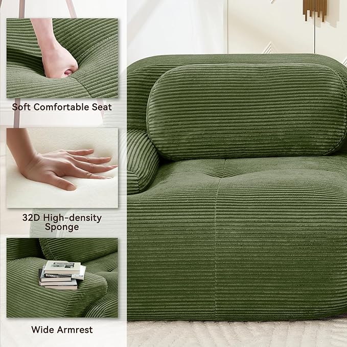 117.3 L Shaped Sectional Cloud Sofa Couch Corduroy Modern Memory Foam Boneless Modular Couches Chaise for Living Room Bedroom(3-Seater&amp2 OttomanGreen)