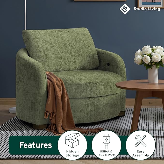 Studio Living® Manchester 44.1 Storage Chair Modern Farmhouse Pocket Coil Comfort USB A &amp C Power Easy Assembly Chenille Fabric Olive