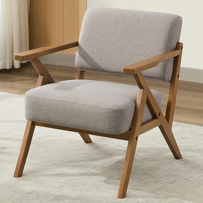 Ergonomic Mid-Century Modern Lounging Armchair | Solid Wood Frame &amp Plush Thickened Cushion | Versatile Seating for Living Room Reading Nook &amp Balcony Light Grey Linen