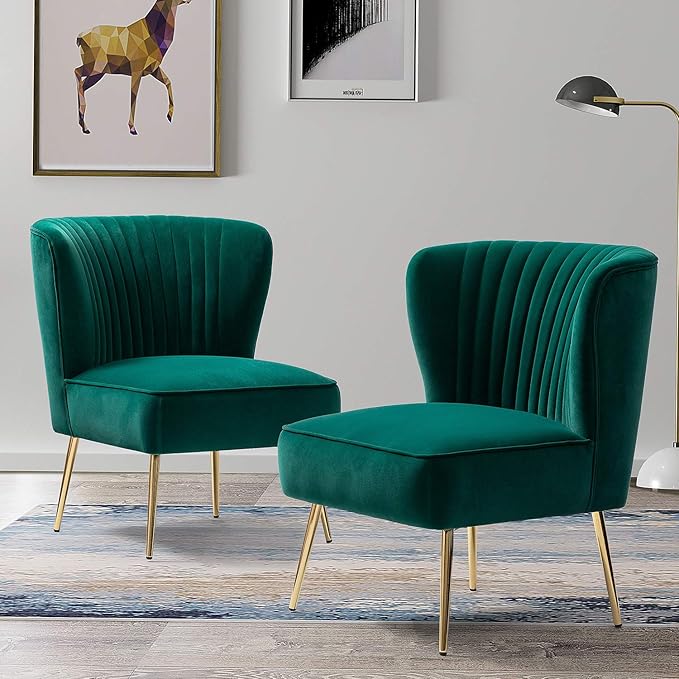 TINA'S HOME Monica Velvet Accent Chair Set of 2 Mid Century Side Chair Comfy Upholstered Living Room Chair with Golden Legs Wingback Armless Slipper Chair for Bedroom Guest Room- Emerald Green