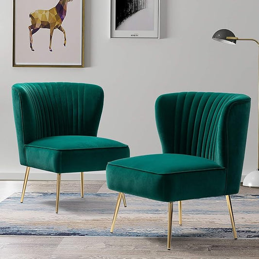 TINA'S HOME Monica Velvet Accent Chair Set of 2 Mid Century Side Chair Comfy Upholstered Living Room Chair with Golden Legs Wingback Armless Slipper Chair for Bedroom Guest Room- Emerald Green